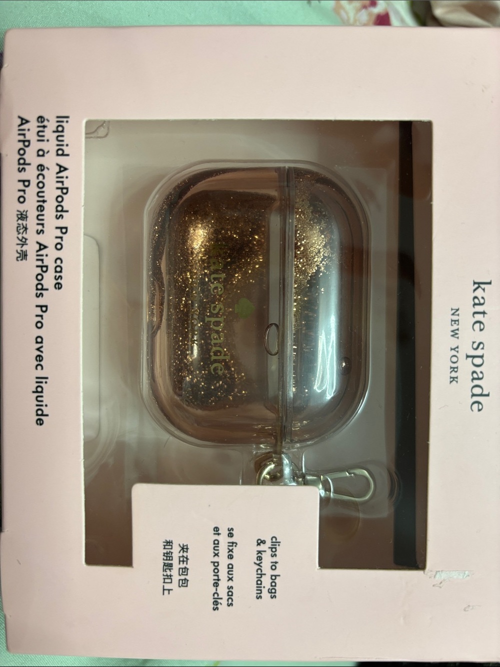 kate spade gold glitter liquid AirPods Pro case with keychain clip